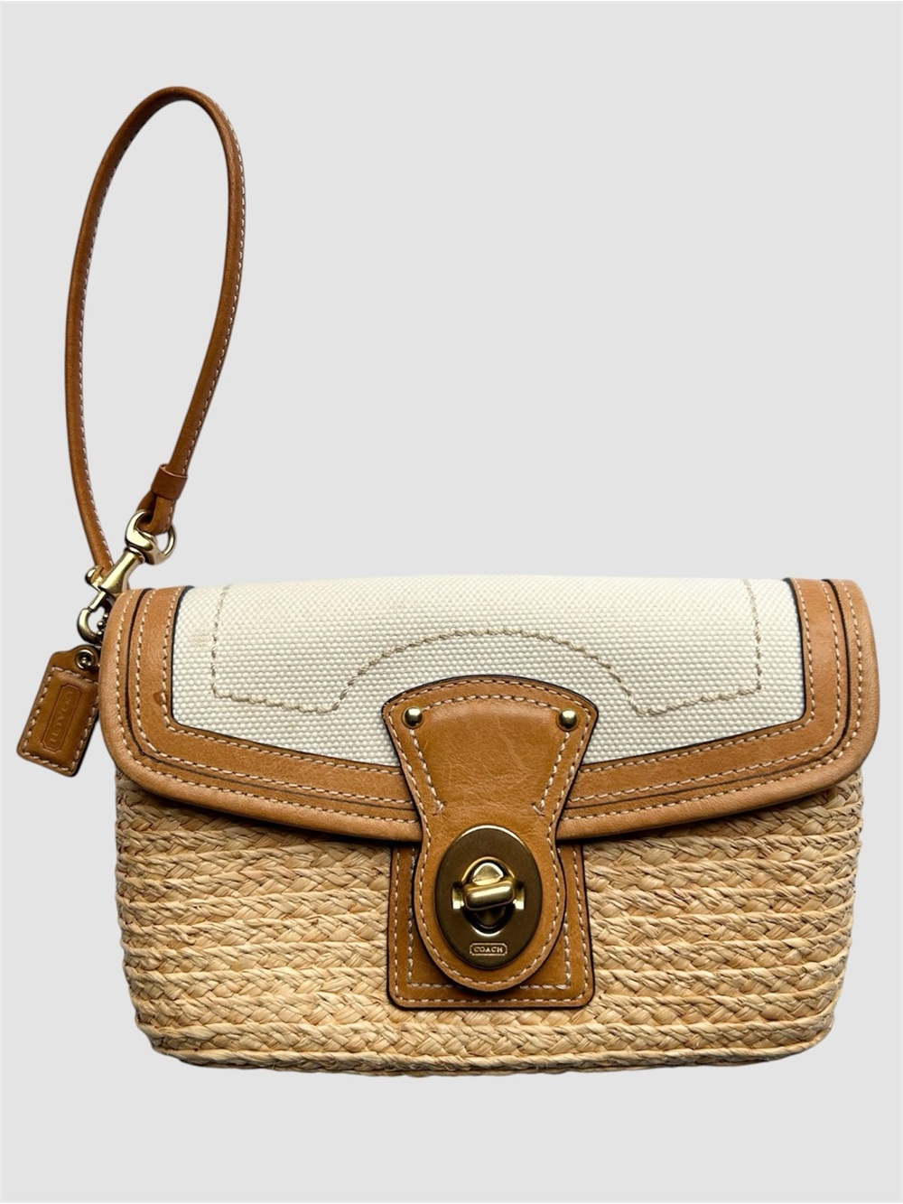 Coach Straw Wristlet Clutch Woven Raffia Leather Trim Gold Turn Lock Bag